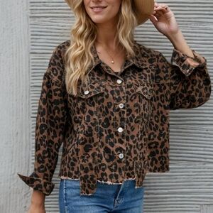 Leopard Cheetah Print Button-up Oversize Crop Denim Jacket - NWOT